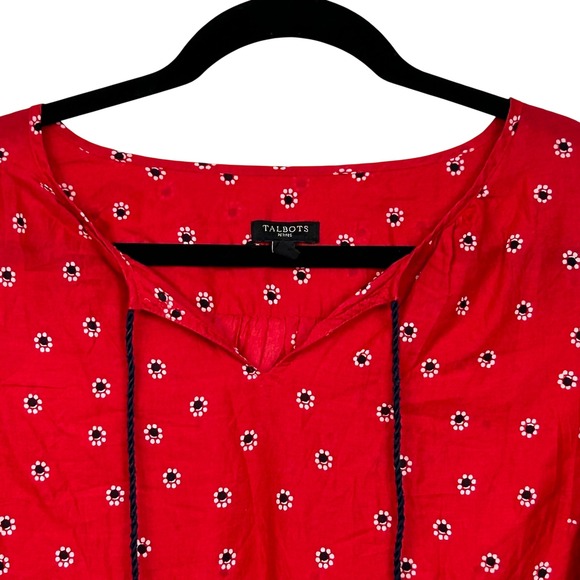 Talbots Top Womens Small Petite Red Bandana Print Tassel Neck 3/4 Sleeve Blouse - Picture 3 of 10